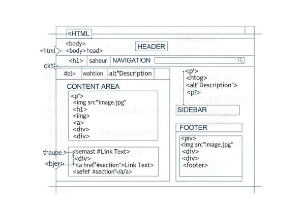 Architectural blueprint of a website with HTML code
