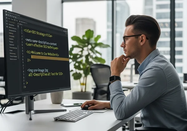SEO specialist analyzing HTML code for optimization