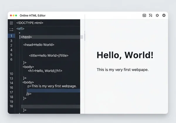Онлайн-редактор HTML, показывающий код "Hello World"