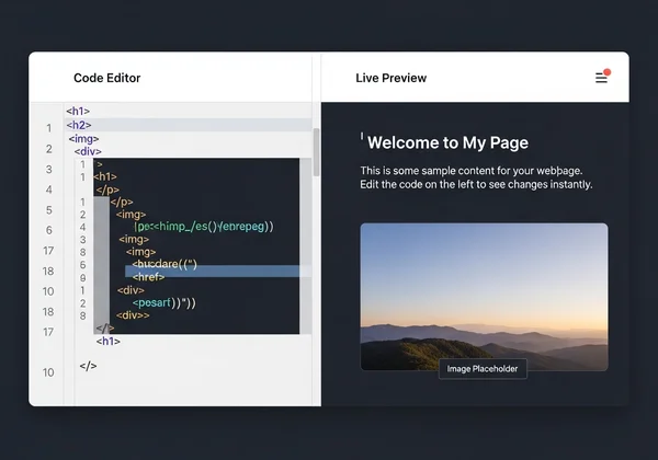 Двухпанельный онлайн-редактор HTML с кодом и живым предварительным просмотром